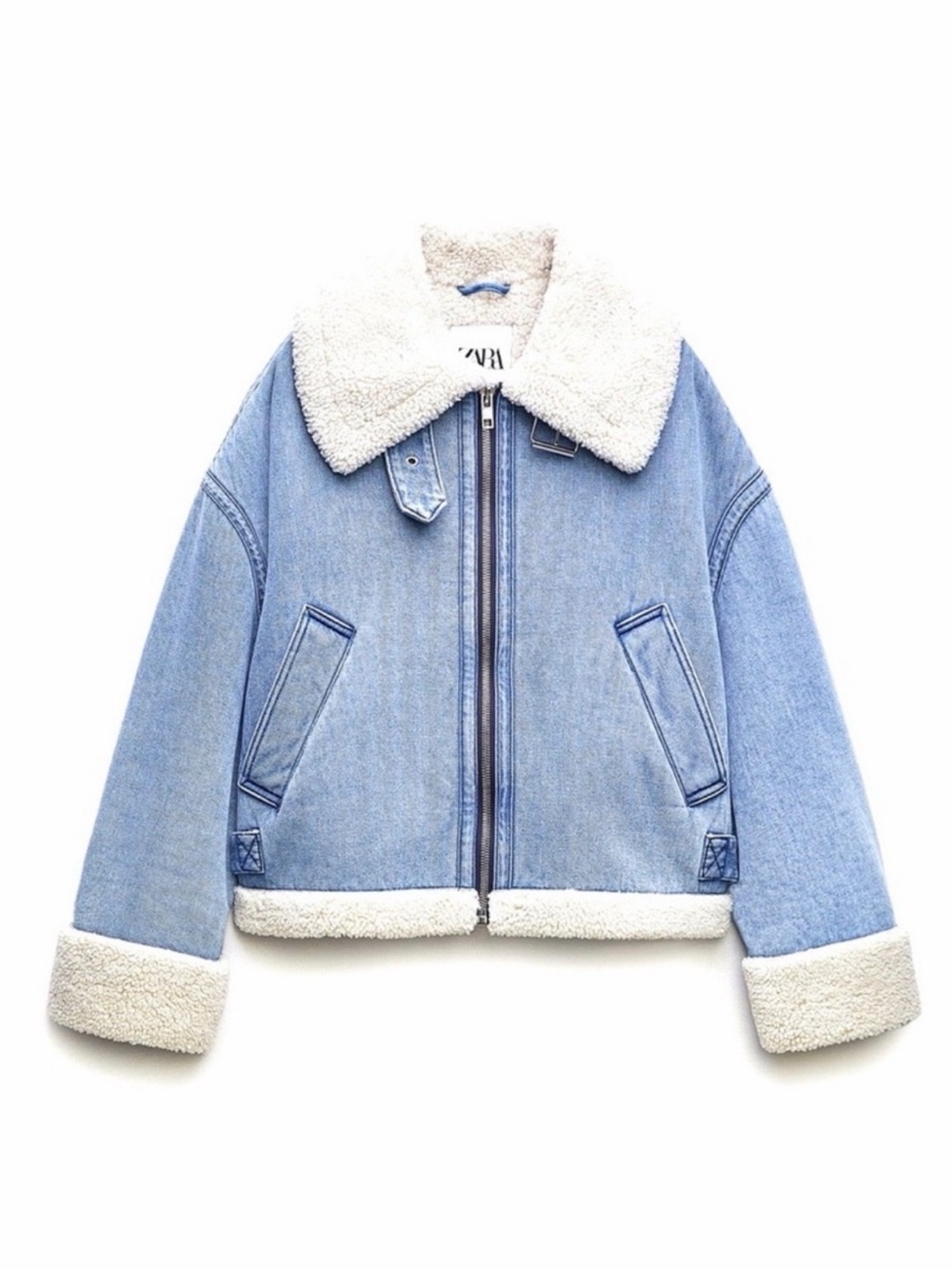 Zara Faux Shearling Denim Biker Jacket Size Medium COLLECTION